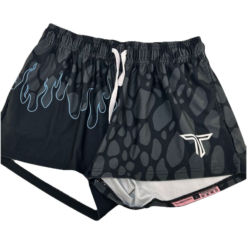 Takedown Shorts Mens Large MMA Grappling Wrestling 5” Blue Flame  Gray Black